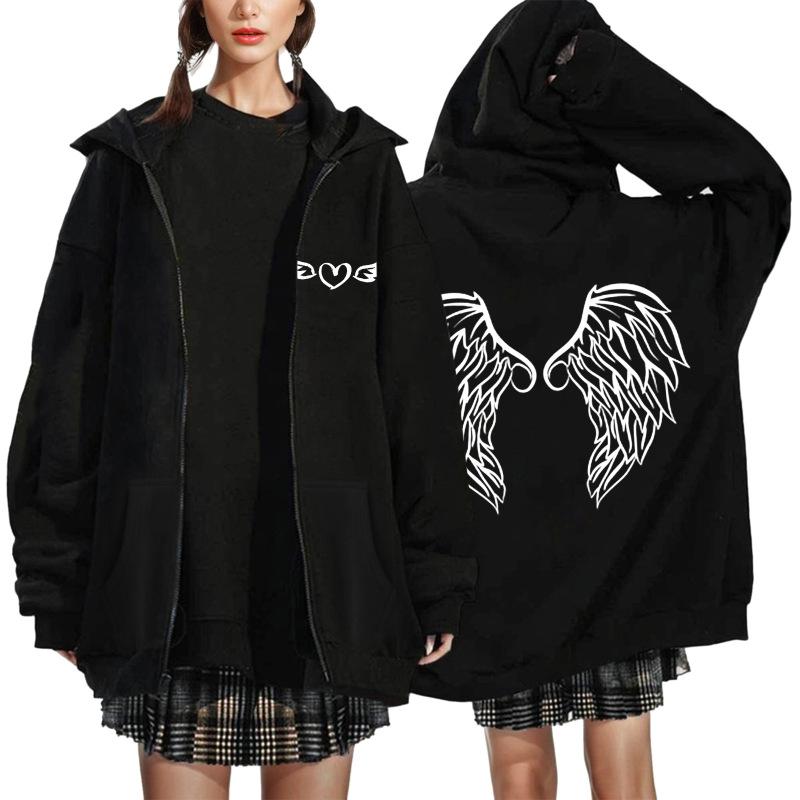 2023 Europa și America de toamnă și iarnă pentru femei, cu fermoar, cu glugă, pulover imprimat, haină ocazională îngroșată