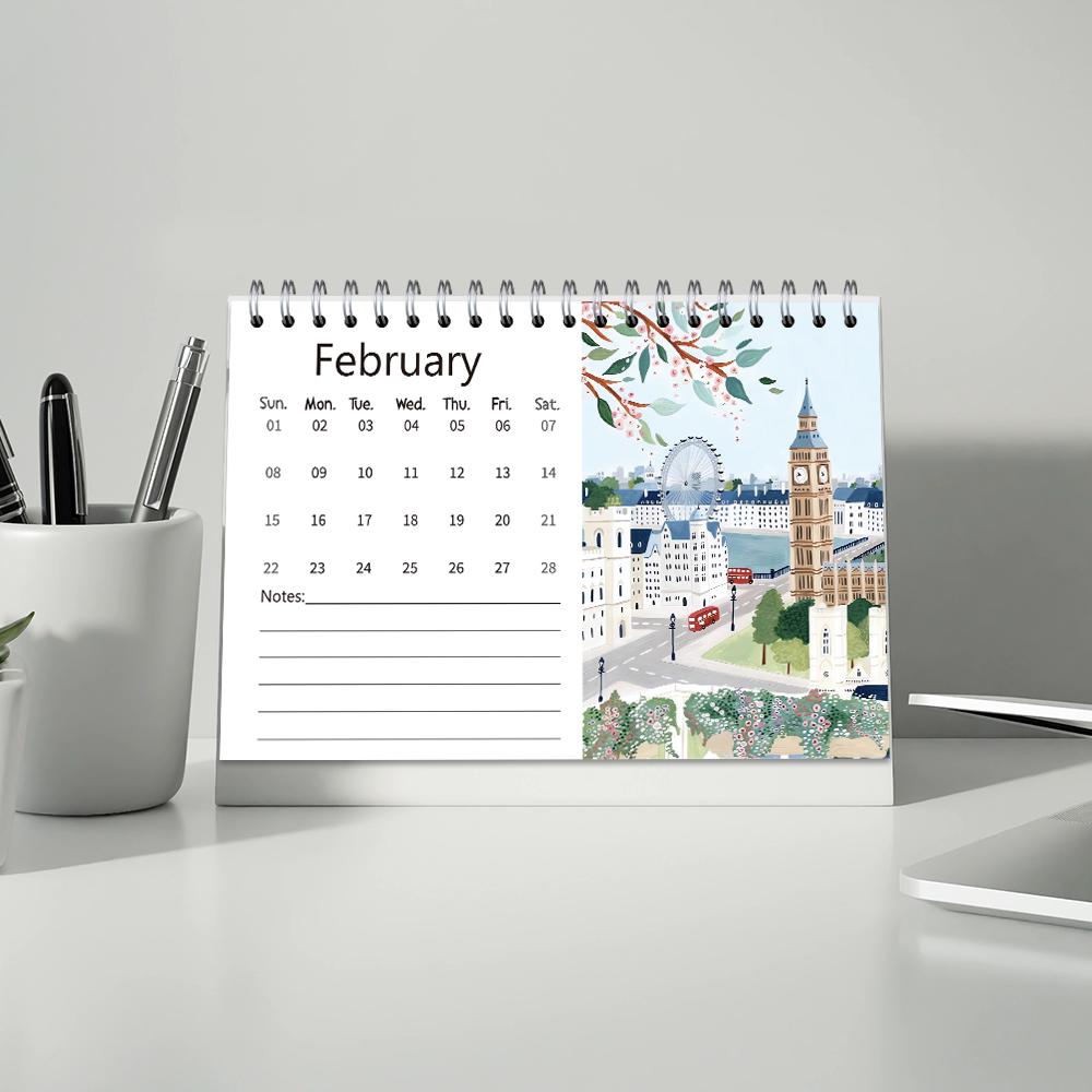 1pc, 2026 Hand-Painted Travel Desk Calendar, Landscape Series, 12Designs, Desk Calendar (Suitable As) Birthday, Christmas, Gifts