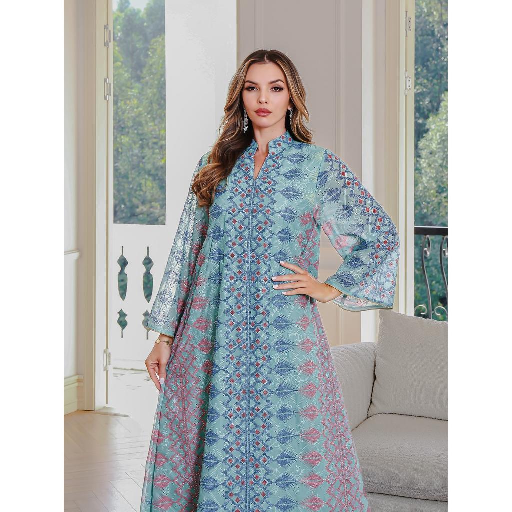 OEM  Summer Breathable Chiffon Color Block Printed Rhinestone Long Maxi Dress Women's Holiday Gown