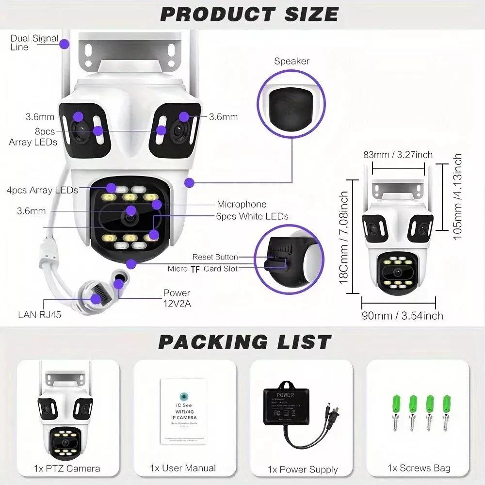 Three Lens Three Screen WiFi Camera 6K 8MP Four Lens 8X Zoom Outdoor PTZ Security Camera Smart Security Protection IP Cam CCTV Video Camera EU Plug