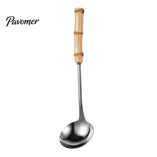 Heat Resistant Bamboo Handle Spoons Stainless Steel Hot Pot Spoon/Colander, Handles Comfortable Grip Soup Spoon, Easy Cleaning Mirror Polished Serving