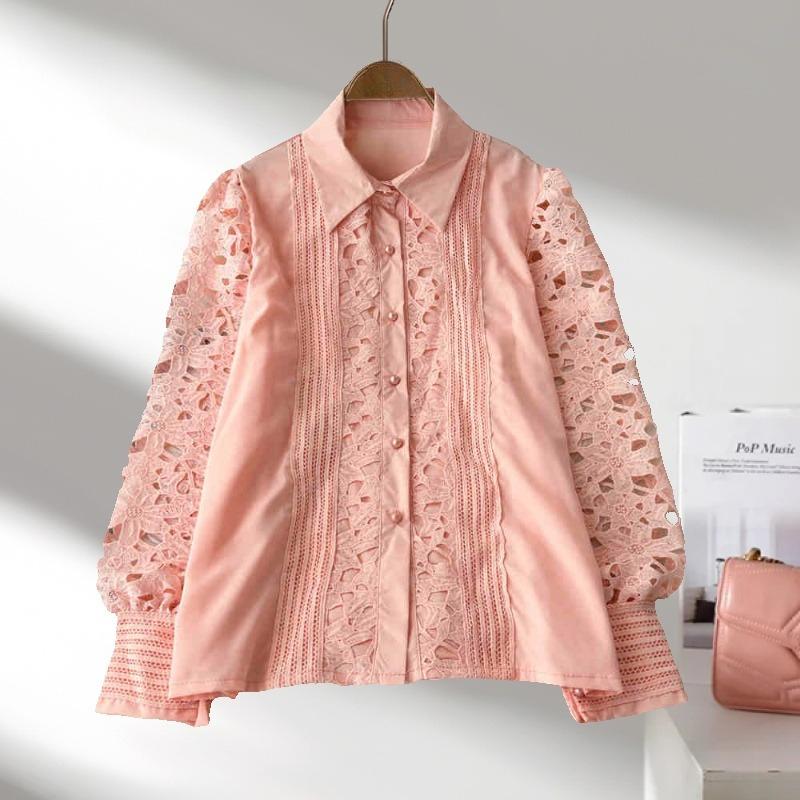 Vintage Fashion Hollow Crochet Casual Shirts for Women Elegant Slim Long Sleeve Loose Women's Blouses Tops Solid Button Up Office Lady Shirt 26448