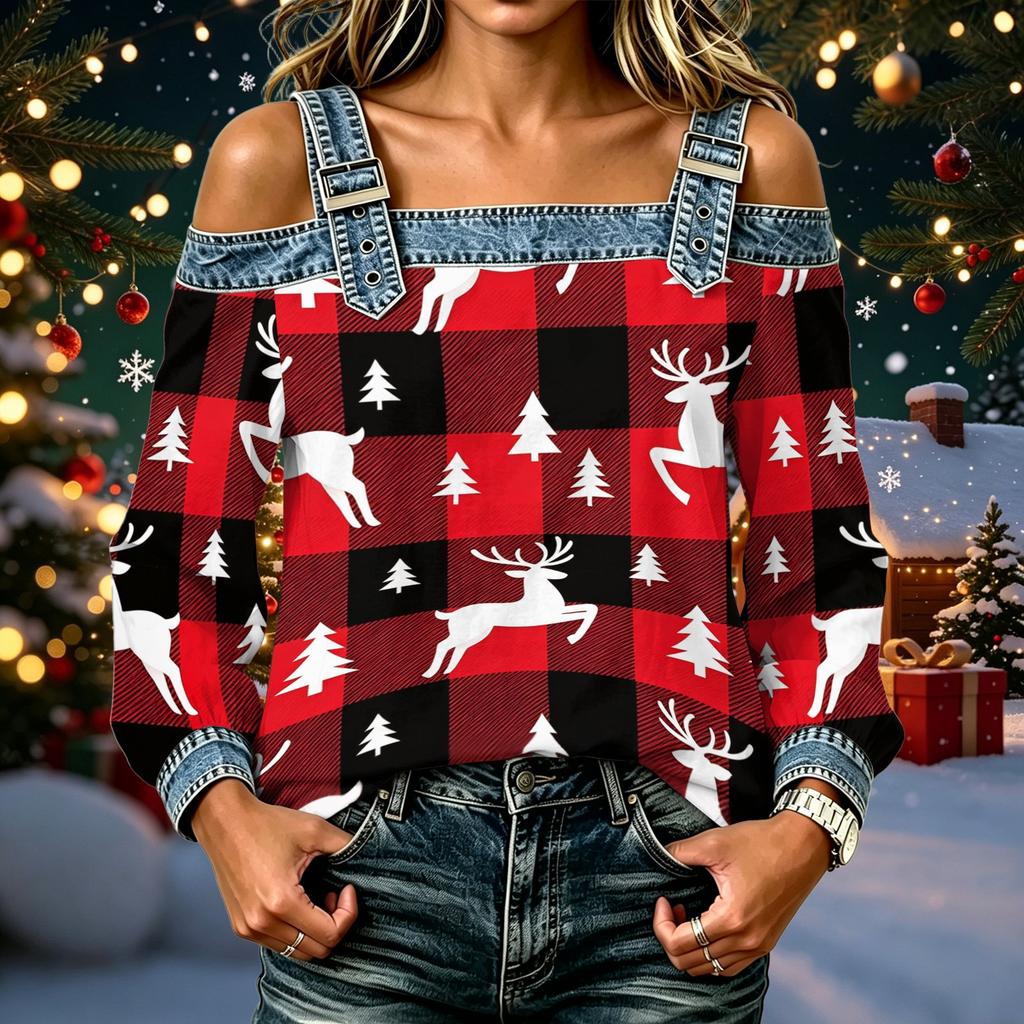 Women's Casual Off-Shoulder Long Sleeve Christmas Print Top for Holiday Parties