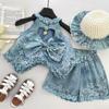 Girls Summer Floral Bow Backless Irregular Top And Shorts Set Stylish Two Piece Outfit For Kids