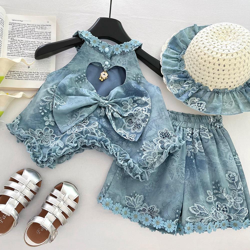 Girls Summer Floral Bow Backless Irregular Top And Shorts Set Stylish Two Piece Outfit For Kids