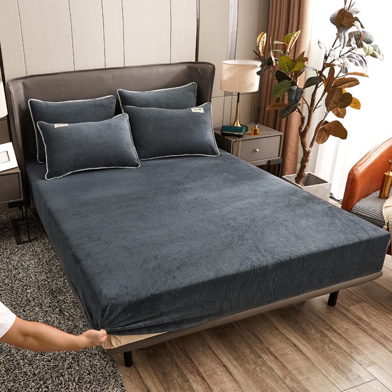 Solid Color Crystal Velvet Fitted Sheet Set - Single Piece Bed Sheet with Mattress Protector