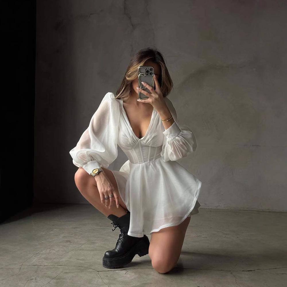 Women's V Neck Long Sleeve Mini Dress Slim Fit Mid Rise Solid Color Mesh Spliced Ruffle Hem Elegant Summer Club Skater Dress