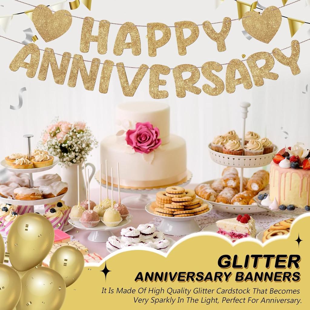Fulmoon Happy Anniversary Banner Glitter Happy Anniversary Decorations Wedding Party Banner Romantic Decorations No DIY Pre-strung for Wedding Party