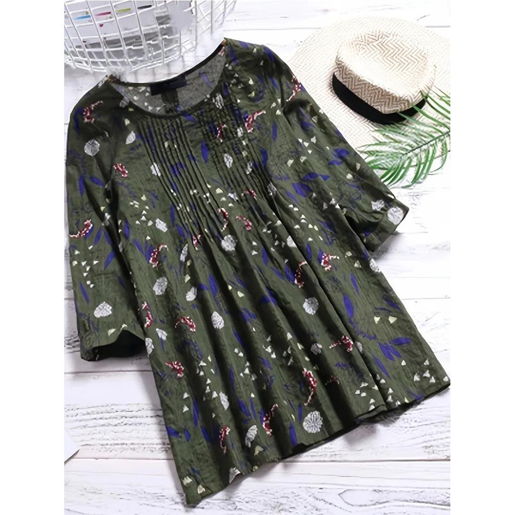 Plus Size Women Fashion Floral Printed 3/4 Sleeve Shirt Loose Retro Color Shirt Ladies Blouse Tops