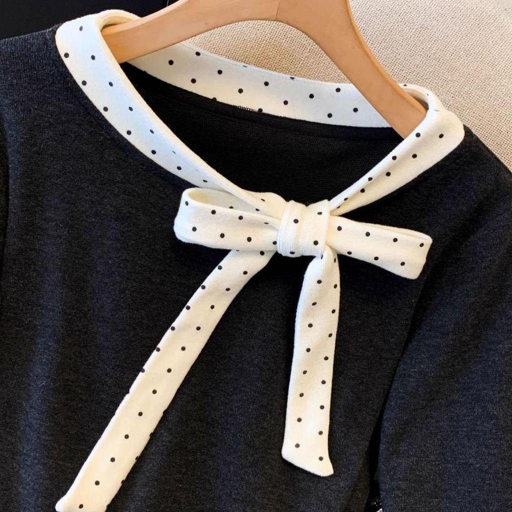 Women's Polka Dot Bow Two-Piece Doll Top - Slim Fit, Long-Sleeved, Autumn/Winter