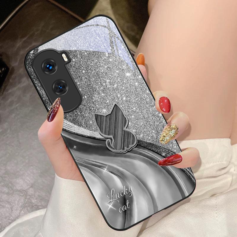 Sparkling Diamond Cat For Honor 200 90 8X 9X Pro Lite P50 P40 Nova 10 11i P60 Magic4 6 Mate 20 50 Tempered Glass Phone Case
