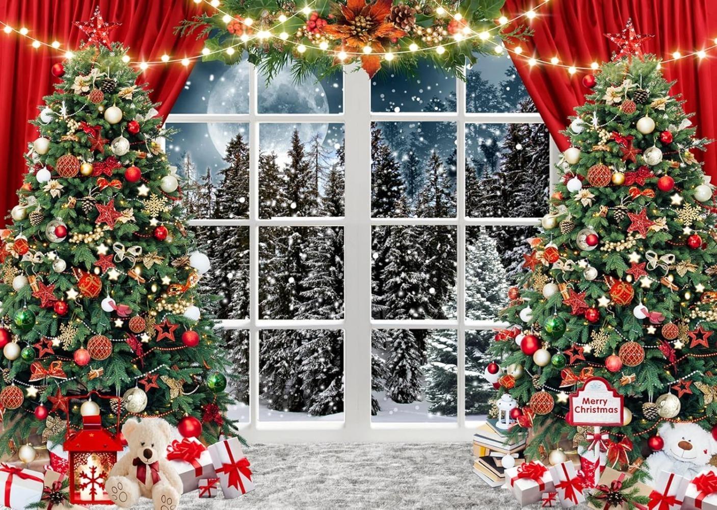 Christmas Snowy Window Backdrop Xmas Full Moon Night Background Family Photo Backdrop Holiday Party Banner Christmas Background Vinyl 75X50cm