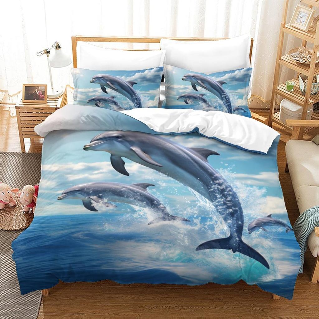 Comforter Dolphin Cute Jumping Dolphins Bedding Set Microfiber Marine Animals Comforter With 2 Pillow Sham Twin King