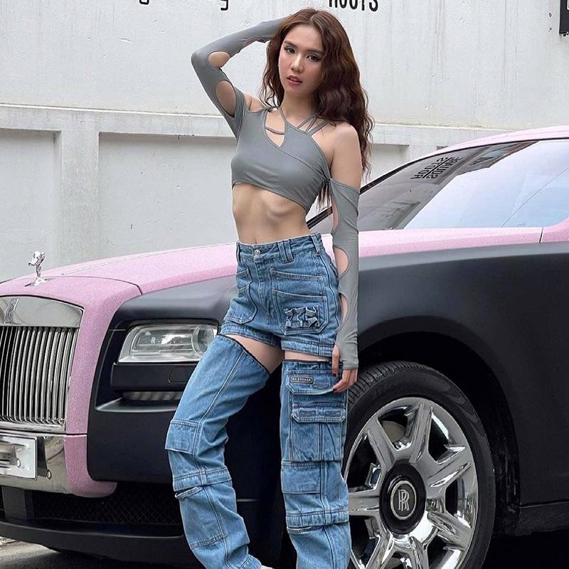 2022 Summer New Goth Y2k Punk T-skjorte Dame Halter Topper Gothic Girl Patchwork Langermet Crop Top Sexy Cut Out Casual T-skjorter