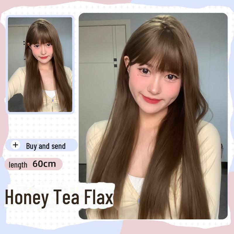 Natural Long Black Straight Wig with Air Bangs