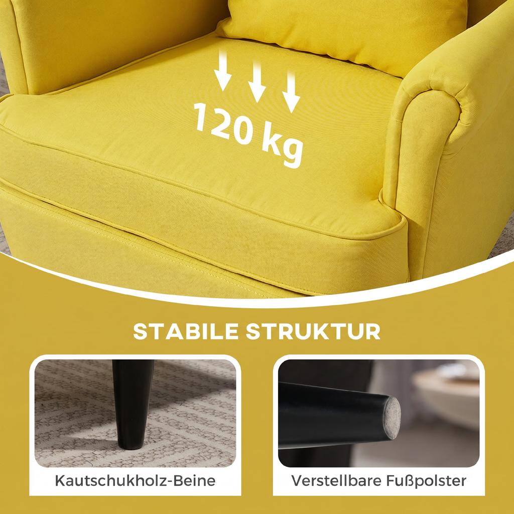 Wingback Chair with Footstool, Upholstered Armchair with Rubberwood Legs, Fabric Cover, Yellow