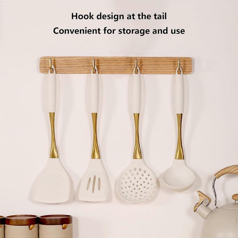 8Piece Silicone Kitchen Utensils Set with Gold Stainless Handles, Heat Resistant Nonstick Cooking Tools