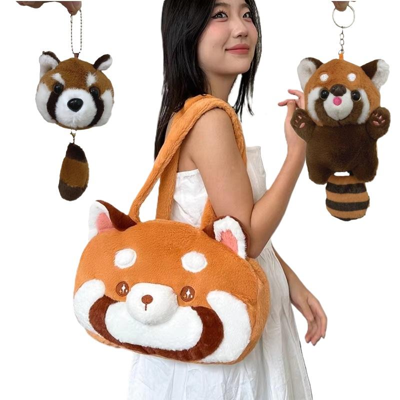 Plüsch Roter Panda Rucksack Niedliche Plüschpuppe Damen Umhängetasche Fell Weiche Schultertasche für Camping Reisen Party Weibliches Geburtstagsgeschenk