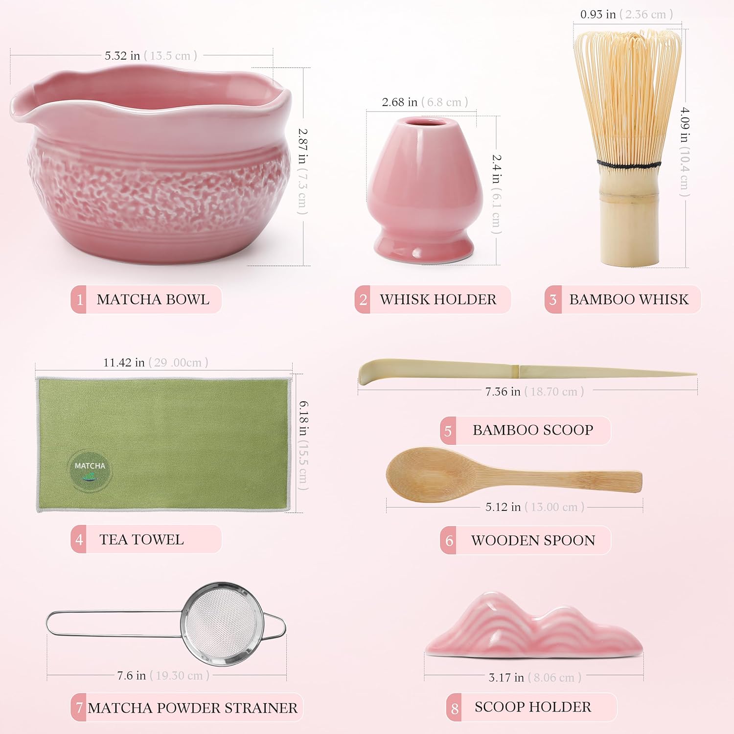 Matcha Whisk Set, Pink Matcha Set, 8 Pcs Complete Ceramic Matcha Making Kit with Bowl, Bamboo Whisk & Holder, Stainless Sifter, Tea Towel, Scoop &