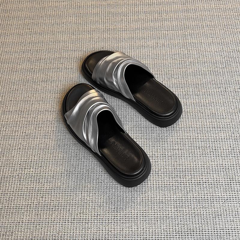 

Spot!! Slack flat-bottomed slippers women s summer new Bangkok mop casual summer outer wear pleated one-word mop 40 серебряный