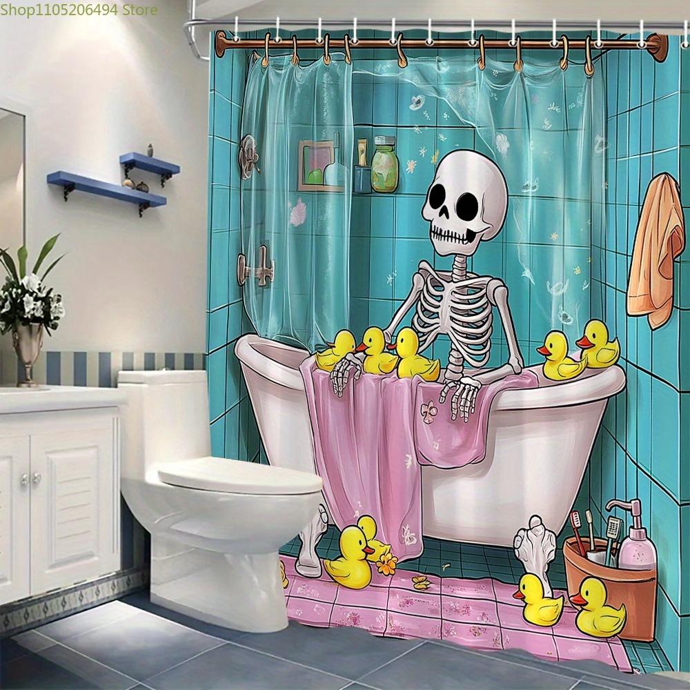 Lustiger Skelett-Duschvorhang für die Badewanne Maschinenwaschbar Ganzjahres-Wasserdicht Sichtschutz Cartoon-Design Humor Schnelle Montage