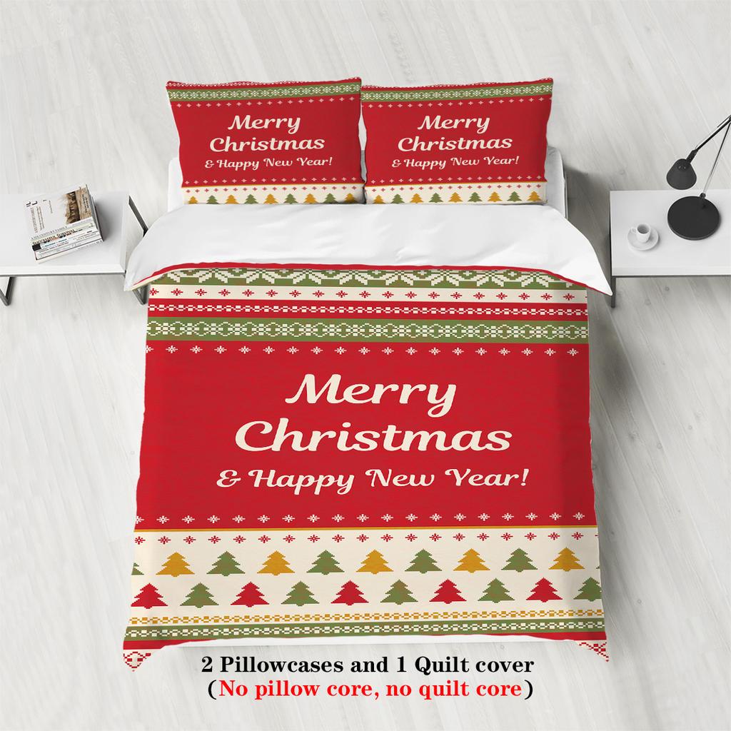 3-piece Christmas themed Merry Christmas English graphic print (1 duvet cover+2 pillowcases, no core) soft bedding set