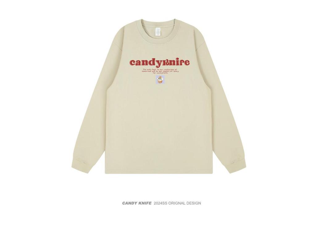 Trendy Retro Hong Kong Style Letter Print Unisex Loose Cuffed Sleeve Cotton Long Sleeve Tee