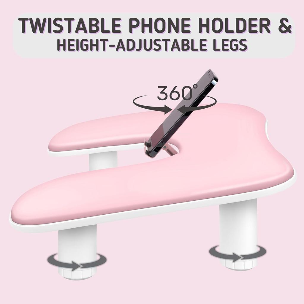 1pcs Pink Adjustable Height Nail Arm Rest with Rotating Phone Holde PU Leather Nail Tech Arm Rest, U-Shaped Hand Rest