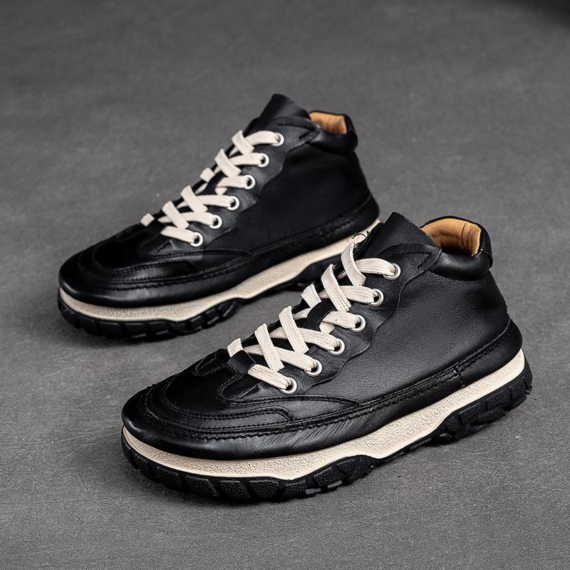Women's Vintage High-Top Sneakers - Top Layer Cowhide Lace-Up Casual Shoes with Rubber Sole, Round Toe Comfortable Flat Shoes