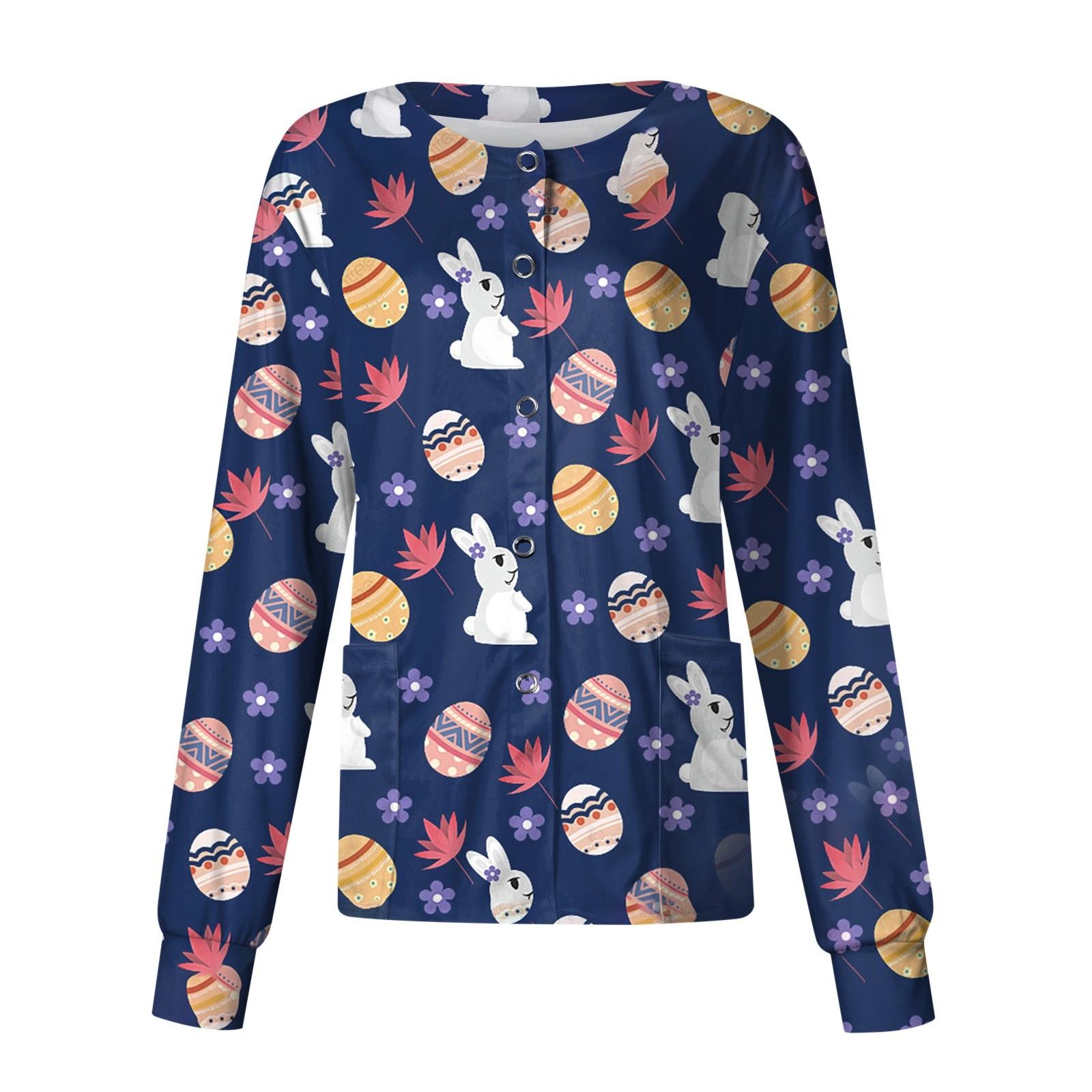 Women s Casual Fashion Stand-up Collar Single Breasted Easter Printed Nurses Tops XXXL