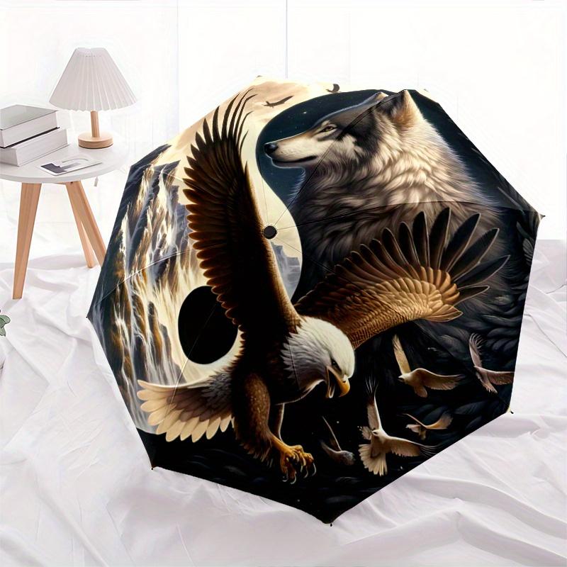

1pc Wolf and Eagle Yin-Yang Automatic Opening/Closing Umbrella with Portable Tri-Fold Design, 8-Bone Iron Frame - Outdoor Umbrella for Fans, Trav