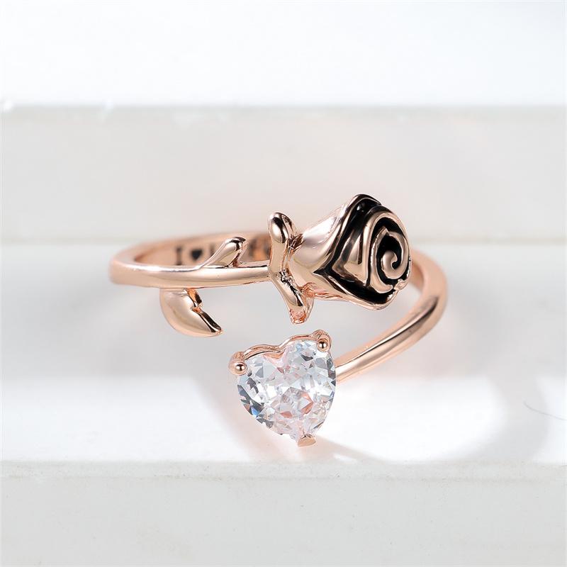 Fashion Female Rose Golden Color Rose Flower Adjustable Ring Luxury Heart Cut White Stone I Love You Forever Wedding Bands Ring Jewelry