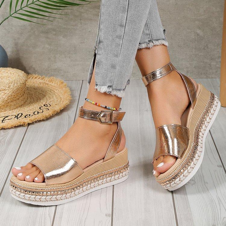 Sandali Estivi Nuovi con Fibbia e Tacco a Zeppa Scarpe Bocca di Pesce Taglia Grande Moda Punta Tonda Calzature Comode con Fondo Spesso