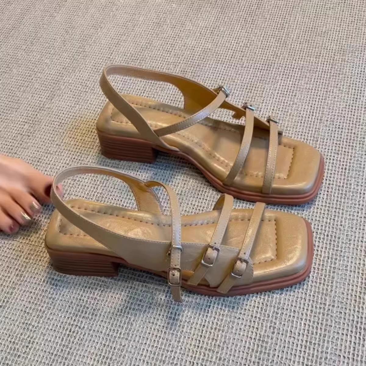 

2025 fashion sandals with Roman thick heel summer edition cross literary retro soft leather open-toed strap sandals 35