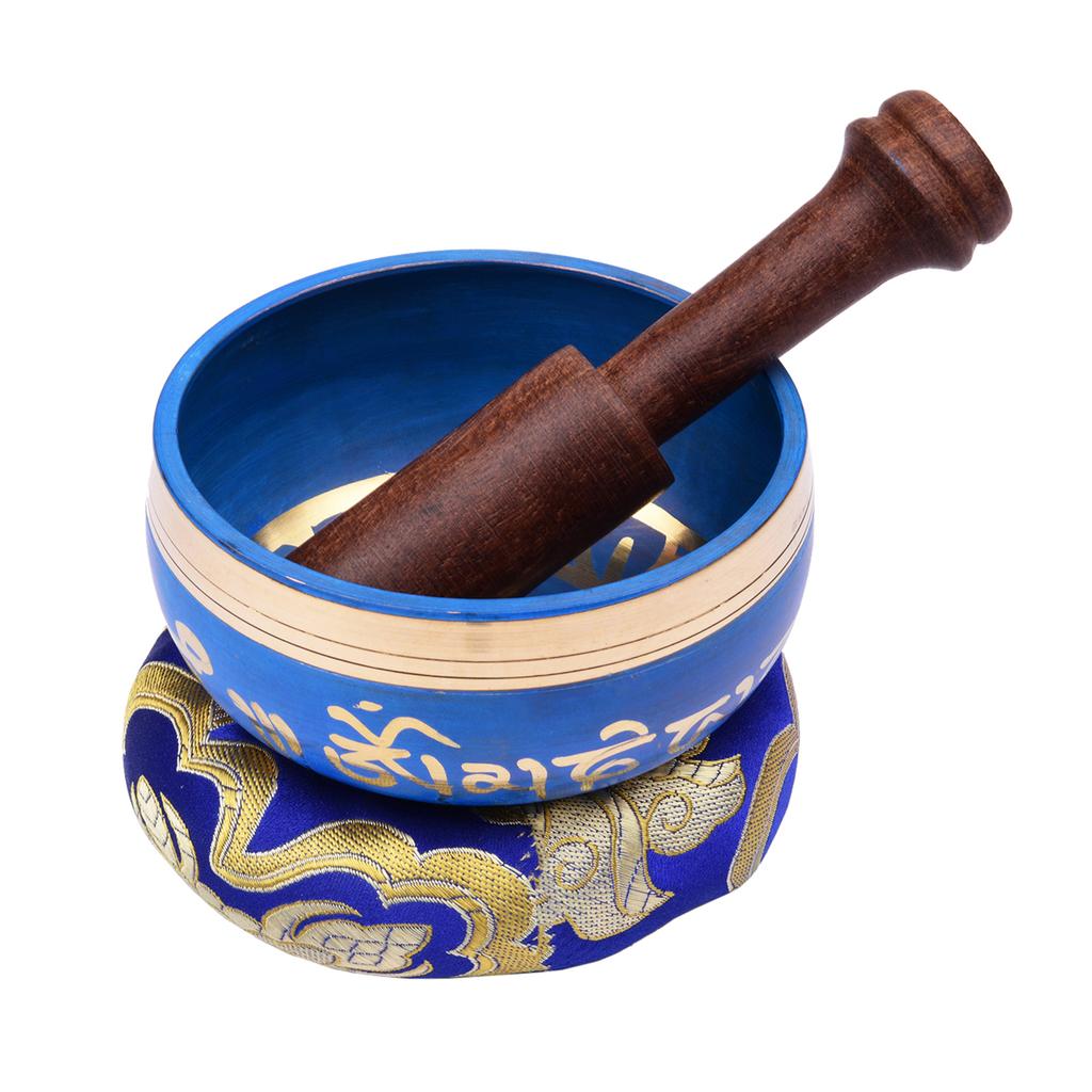 Blue Tibetan Singing Bowl Set with 9.5cm 3.7inch Handmade Metal Sound Bowl & Soft Cushion & Wooden Striker for