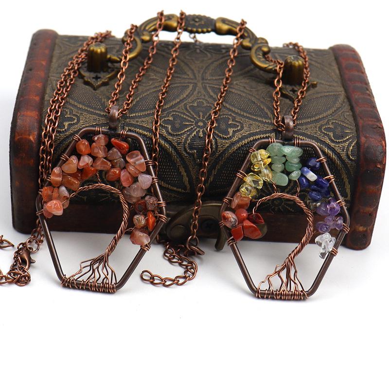 Vintage Handmade Hexagonal Bending Tree Of Life Necklace Gravel Crystal Necklace N16