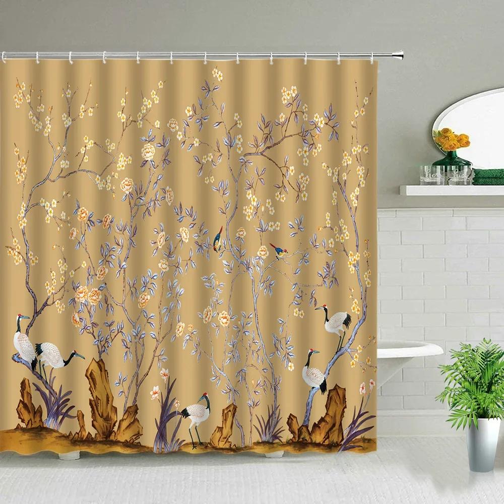 Chinesischer Stil Gebäude Landschaft Blume Vogel Fisch Szenerie Duschvorhang Badezimmer Sichtschutz Wasserdichtes Gewebe Badewannen Tuch Vorhang