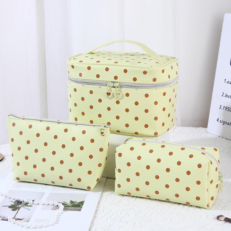 1/3Pcs Pink Polka Dot Pu Makeup Bag Set Large Capacity Sturdy Handle For Travel Daily Cosmetic Storage