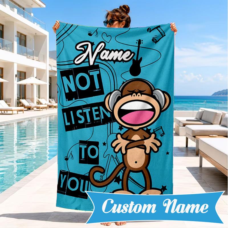 Custom Name Monkey Refuses Listen Heart In Space Adventure Microfiber Beach Towel, Lightweight for Summer Travel, Swimming Pool Fan Gift
