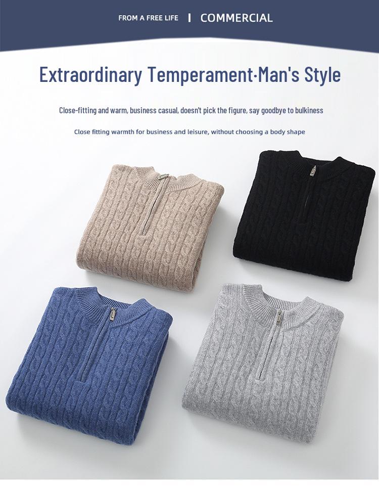 Men's 100% Wool Half-High Collar Sweater - Loose Fit, Thick Knit, Casual Business Style