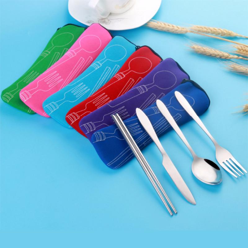 Steel 4pcs Stainless Fork Spoon Chopstick Travel Camping Cutlery Gift Set