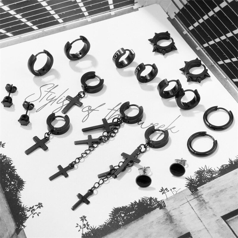 48 PCs European and American Stainless Steel Black Cross Stud Earrings