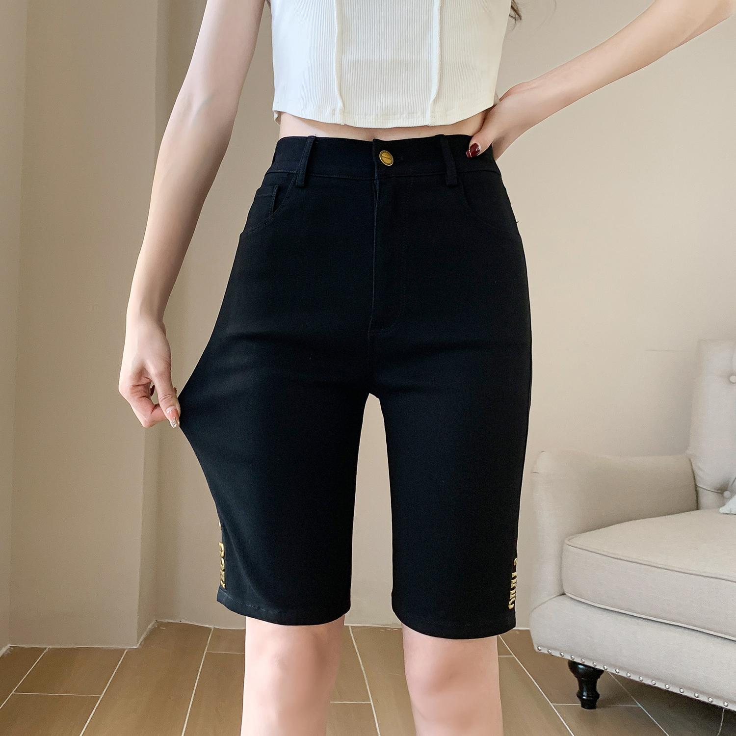 

DIMANAF 2025 Женские шорты больших размеров Летние свободные джинсовые шорты Базовые шорты-гаремы с высокой посадкой Однотонные брюки Эластичная талия XL чёрный