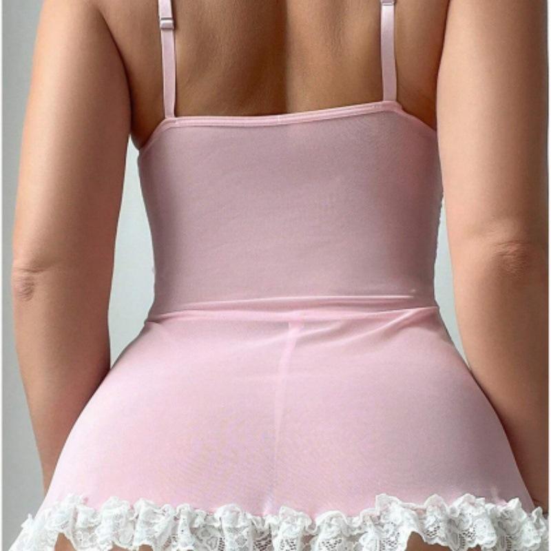 3 Piece Women Sexy Dress Lace Transparent Dresses Elasticity Sling Strap Lingerie Pure Desire Sexy Dress+G-String+Mesh Socks Set