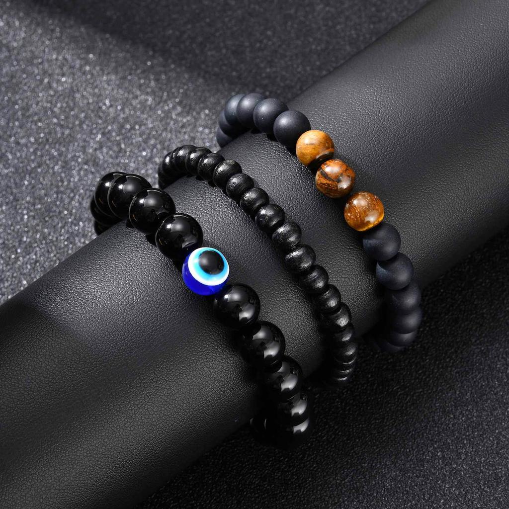 Vnox Men's Beaded Bracelet, Black Agate Wooden Bead Wristband, Natural Tiger Eye Stone Adjustable Bracelet with Evil Eye Charm