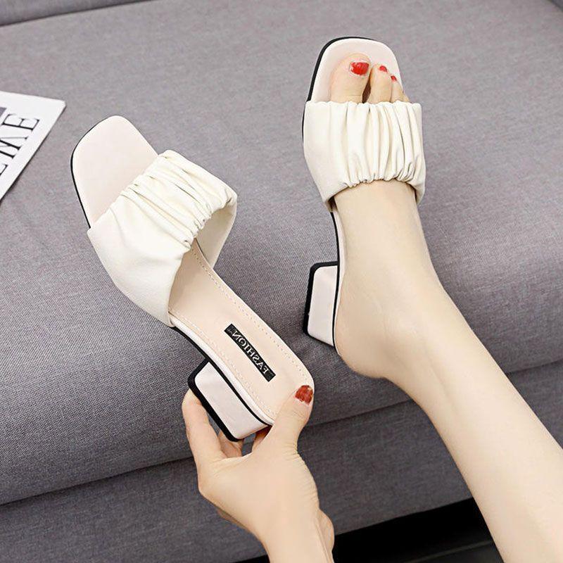 2025 New Korean Version of High-heeled Cool Slippers Women's Thick Heel Versatile Fashion Outer Wear One-word Drag Middle Heel Fitting Shoes Women's S