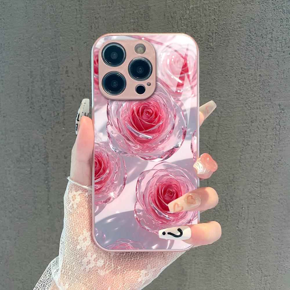 Beautiful Crystal Rose Mobile Phone Case iPhone16 High-value Glass Mobile Phone Case Apple 17promax Girls