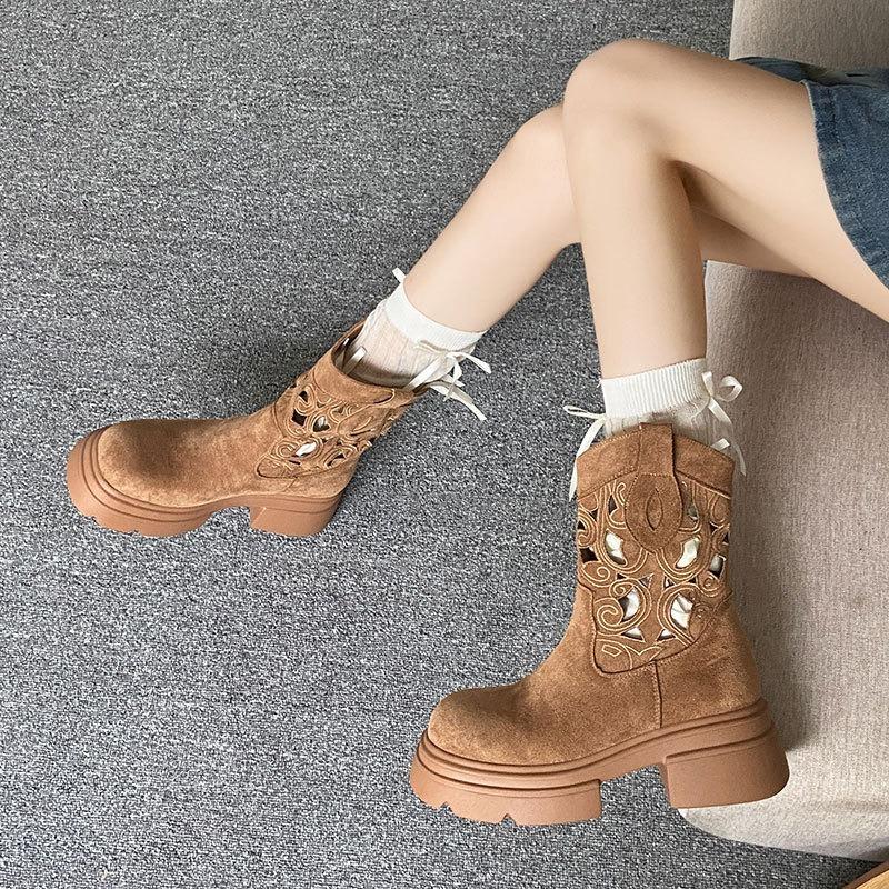 Fashion Retro Western Suede Short Boots Breathable Heightening Women's Botines Versatile Round Toe Mid-Calf Cowboy Boots Botas Mujer