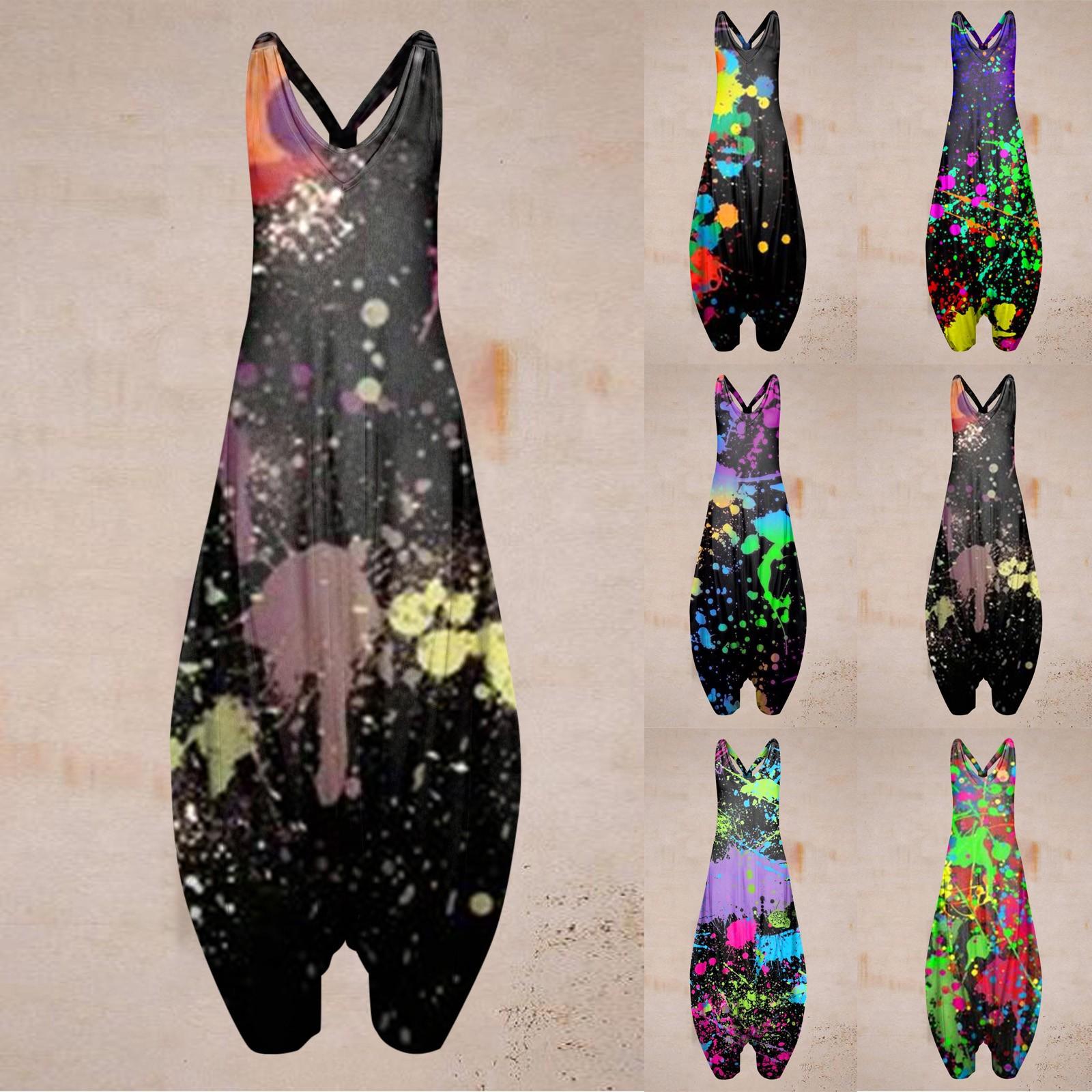 

Women s Casual Spilling Ink Print Loose Large Size Casual Sleeveless Strappy Jumpsuit