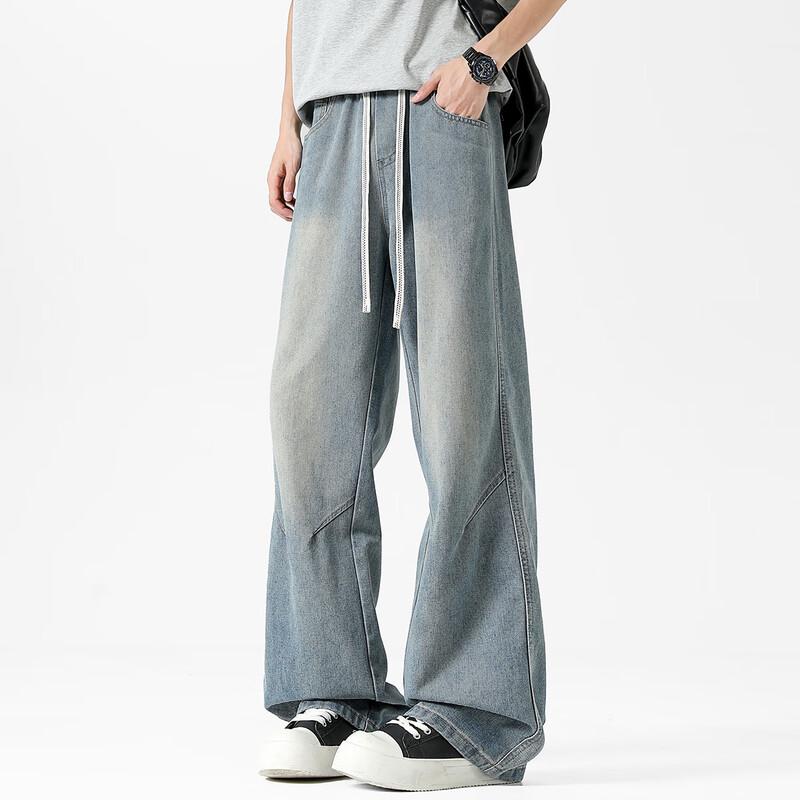 Men's American Retro Elastic Waist Loose Wide-Leg Jeans